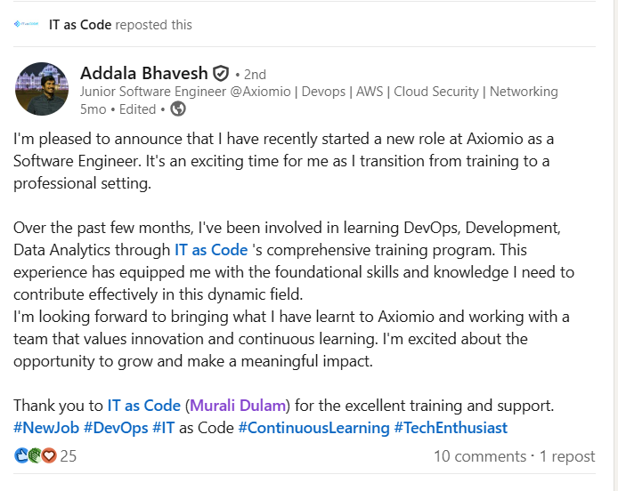 Addala Bhavesh LinkedIn post