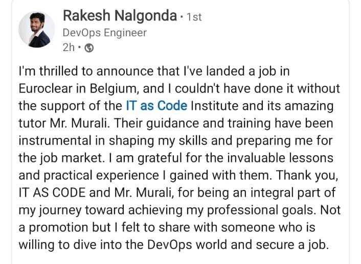 Rakesh Nalgonda LinkedIn post